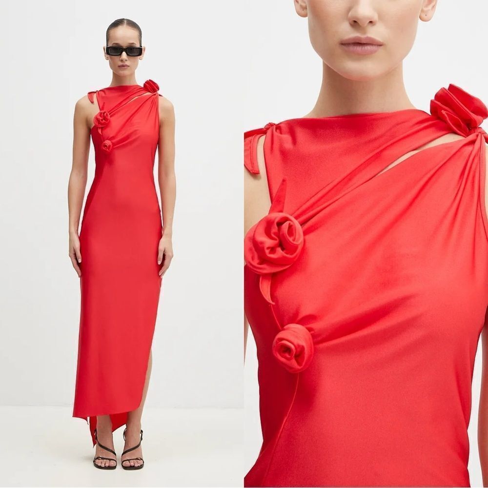 Nwt Coperni Floral Appliqu Asymmetric Gown In Red